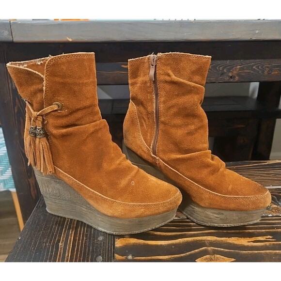 SBICCA Vintage Collection WEDGE Tassel Suede Leather Ankle Bootie Boots sz 7.5 - Picture 3 of 11